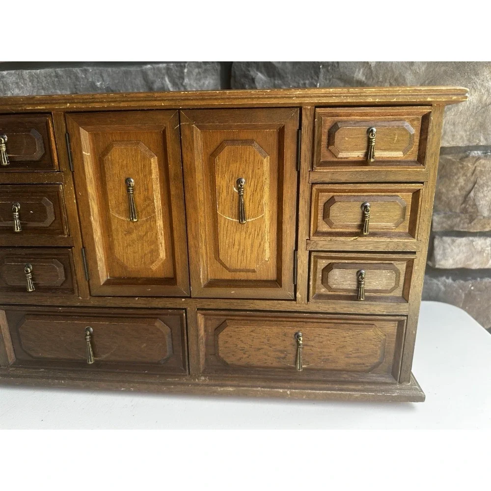 Vintage MCM Kellerman Wooden Jewelry Keepsake Box Case Chest 11 Drawers Cottage